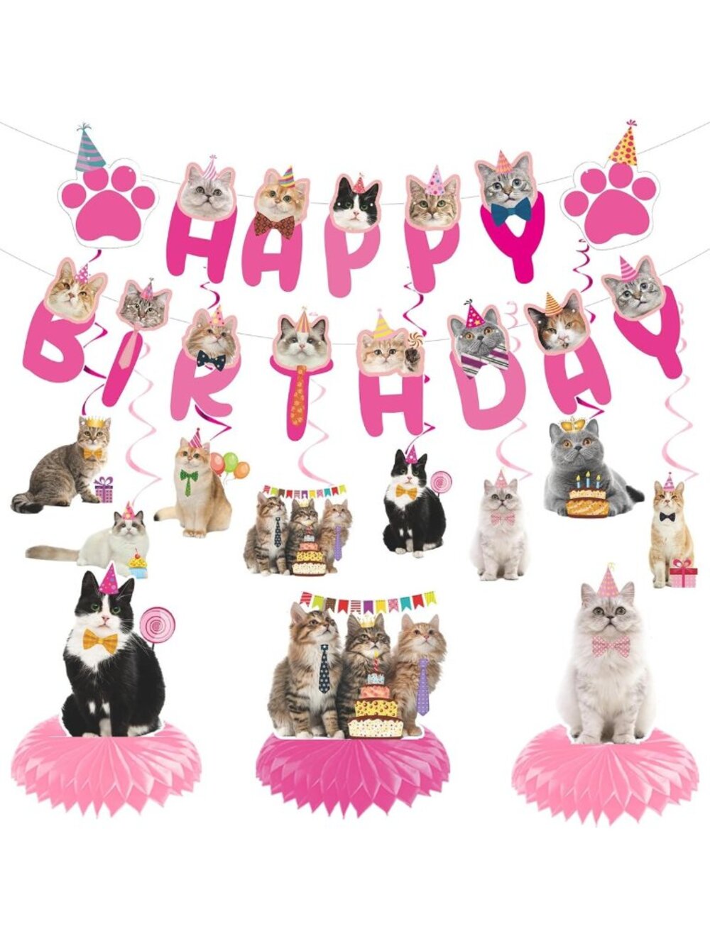 Cute Pink Cat Birthday Party Hanging Swirls - 20PCS Honeycomb Centerpieces